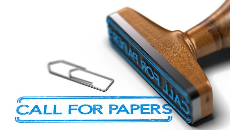 3D illustration of rubber stamp over white background with the text call for papers. Conference or workshop event announcement and organization