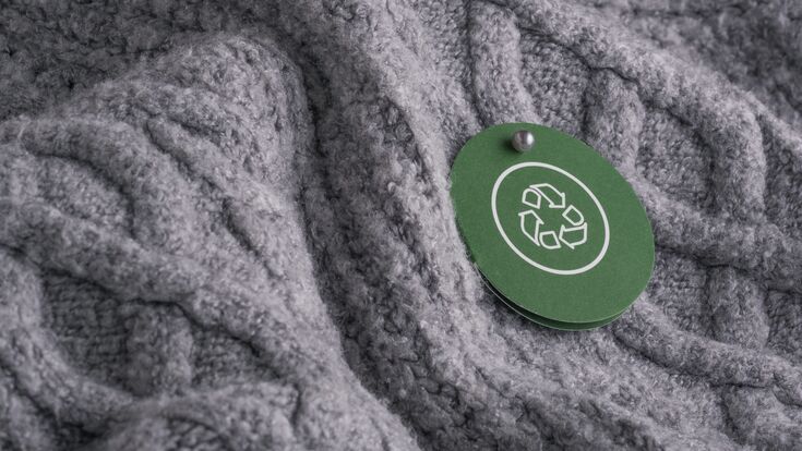 A circular green tag with a recycling symbol hangs from on gray knitted fabric. Concept of sustainable development, textile recycling, and conscious consumption in fashion. High quality photo